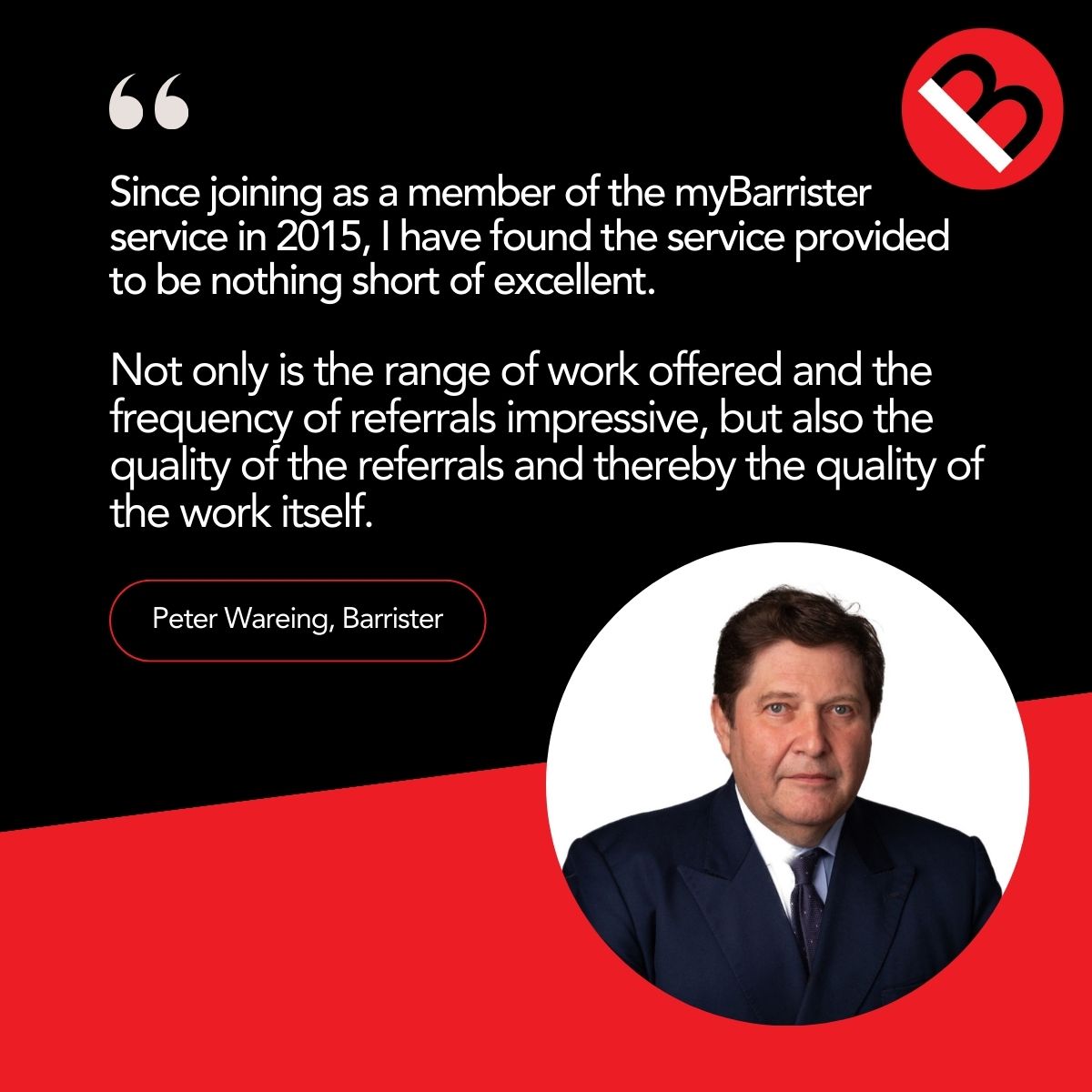 myBdirect's tweet photo. "Since joining myBarrister in 2015, I have found the service provided to be nothing short of excellent.
 
From humble beginnings, my direct access practice has risen to over 60% of my annual fee income. In life, you discover some things just work. MyBarrister is one of those." https://t.co/tybUkusiX0