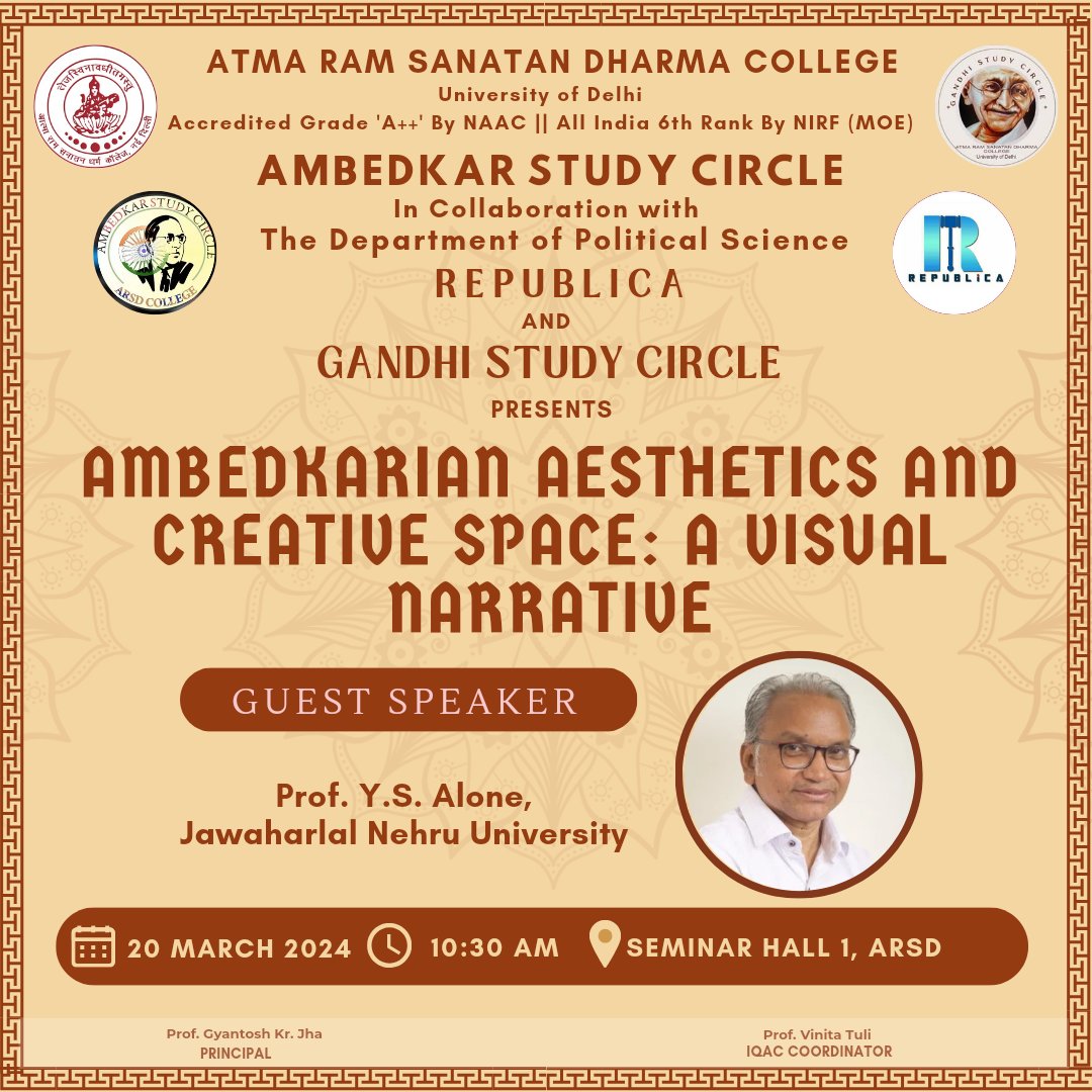 Delve into the realm of Ambedkarian Aesthetics and Creative Space with Prof. Y S Alone from JNU. Join us for an enlightening seminar organized by the Ambedkar Study Circle in collaboration with Republica: the Department of Political Science and Gandhi Study Circle.✨