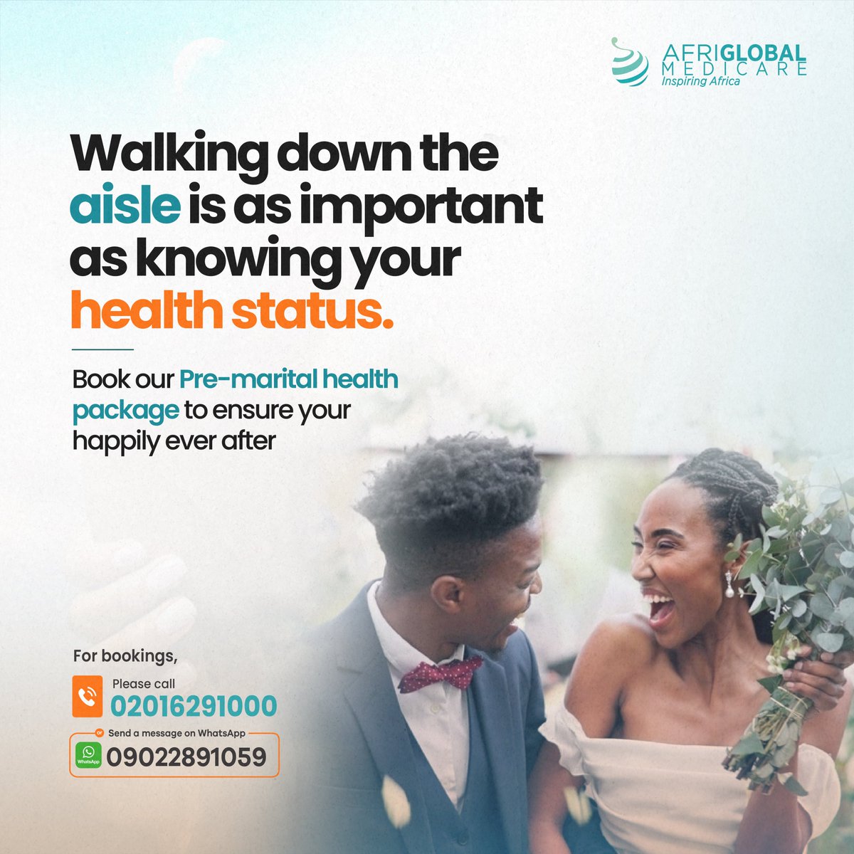 To book your pre-marital screening, call 02016291000, 02016290998, or walk into any of our test centres.

#AfriglobalMedicare #PreMaritalScreening #AML #DiagnosticCenterInNigeria