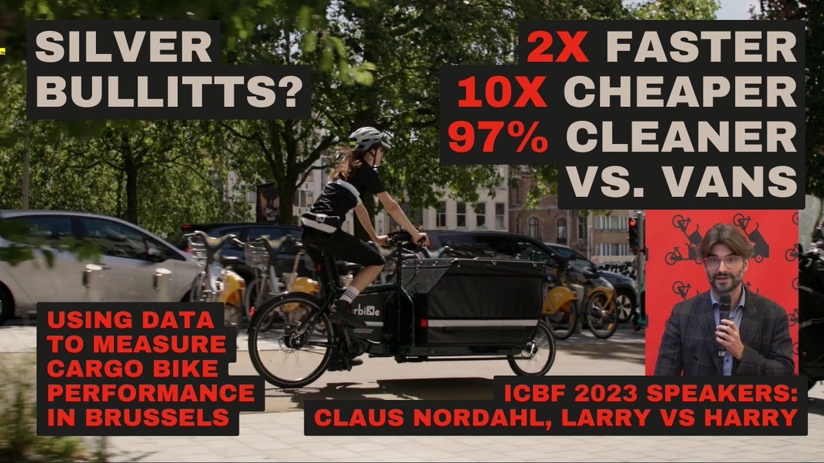 🚲🤜🤛🚚 Cargo bikes vs. vans in cities... 🧵

Cargo bikes:
⚫ Can deliver packages 2x faster
⚫ Are 10 times cheaper to operate
⚫ Can cover 42% more ground
⚫ Are 97% cleaner (CO2e)

That's according to a study based on data from Brussels-based cargo bike fleet @urbike_be.

1/4