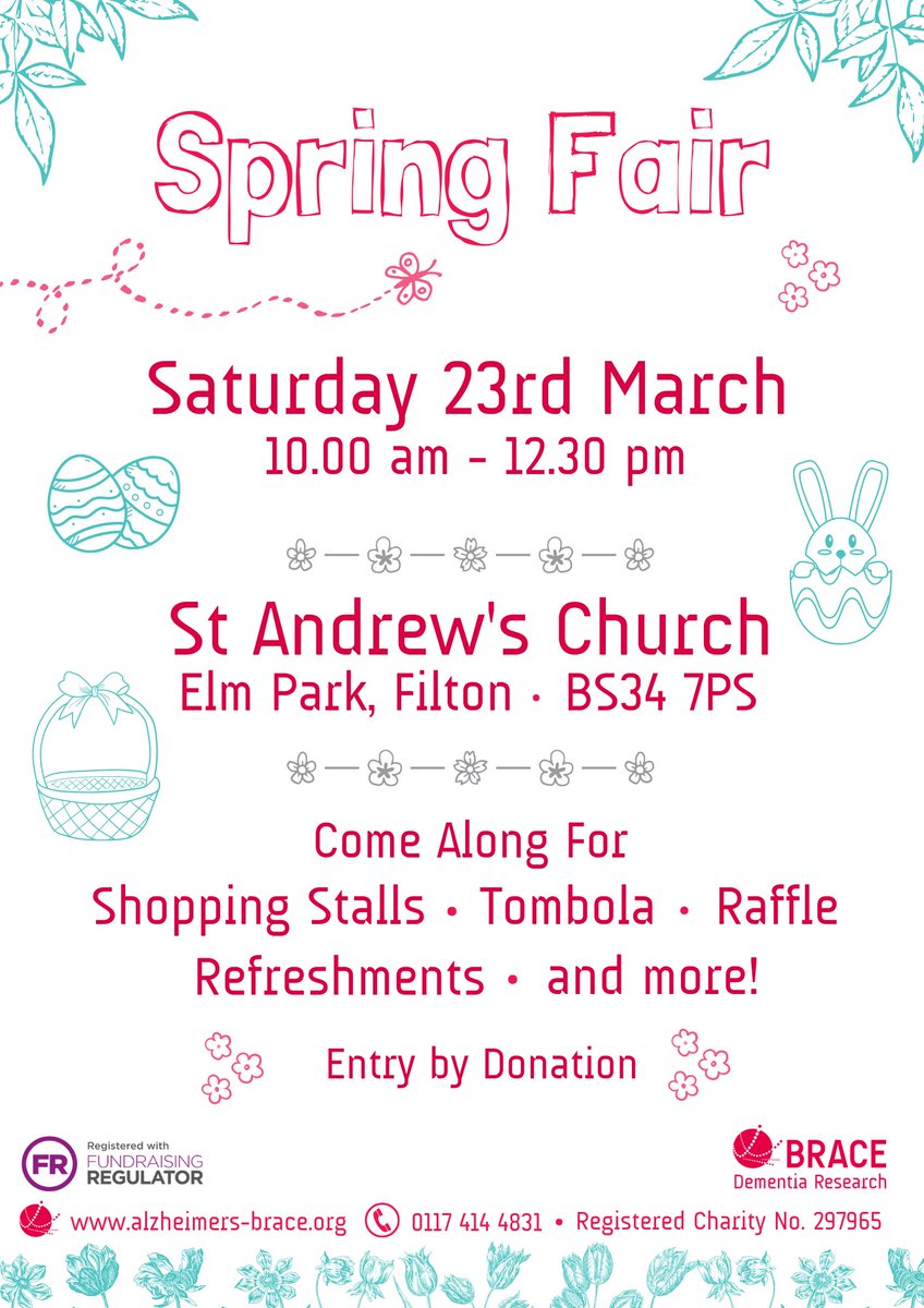 Looking for something to do on Saturday? @AlzheimersBRACE Spring Fair is taking place at St Andrew's Church in Filton 10am - 12.30pm. Lots to see and do!