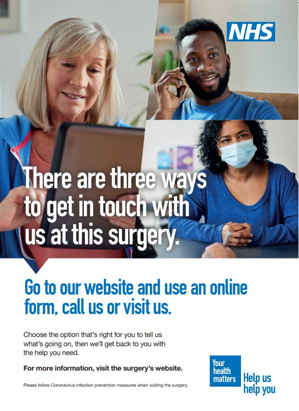 We have three different ways for our patients to get into contact with us. We have our new AccurX system online but our phone lines are open Monday to Friday 8am to 18:30pm to help anyone who is unable to access the internet. There is always someone at the desk to help as well.