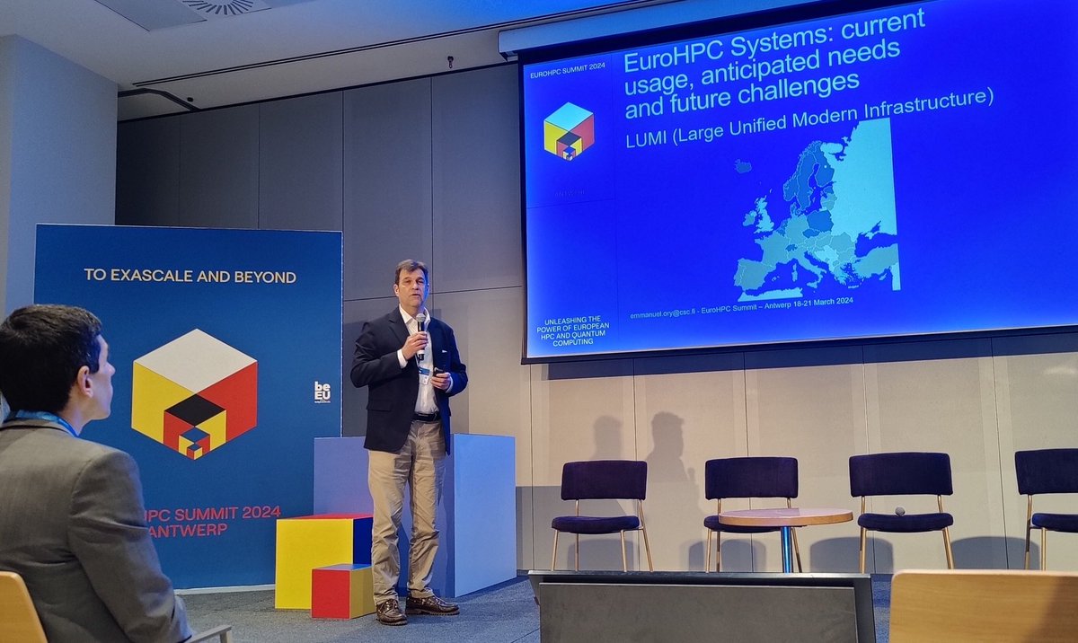 LUMIhpc's tweet image. Day 2 at #EuroHPCSummit2024 has kicked off! Emmanuel Ory @cscfi highlighted LUMI's user-friendly web interface, attracting 70+ daily users already! Explore more at the LUMI #demolab today! Noon to 15:00