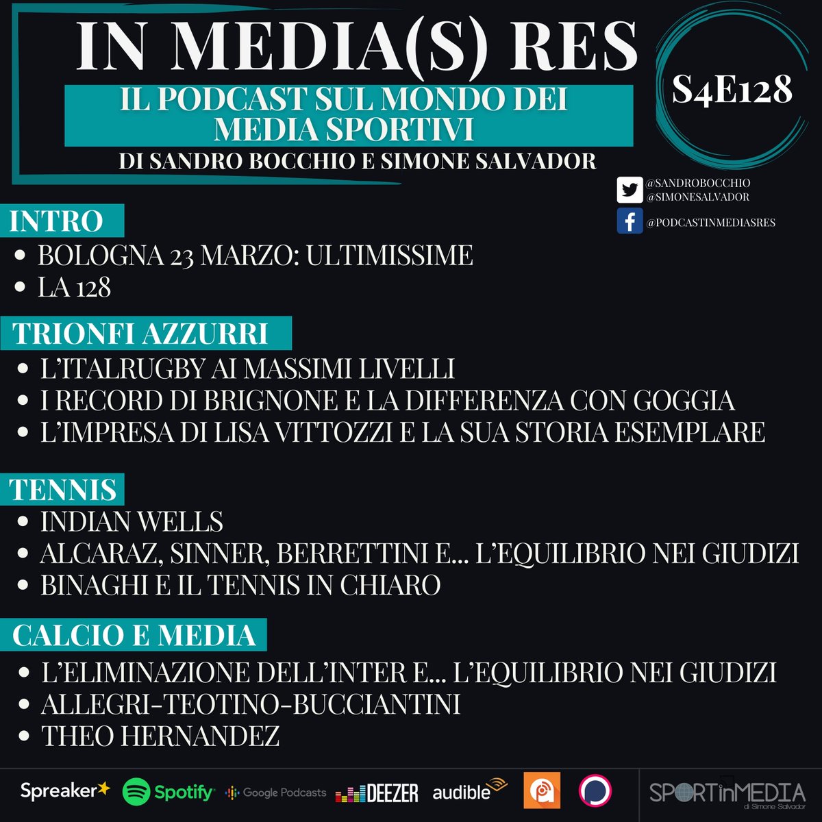 simonesalvador's tweet photo. Alle 14:30 esce la puntata #128 del podcast su Sport&Media!
#InMediasRes https://t.co/Ni8Qb6MvfA
