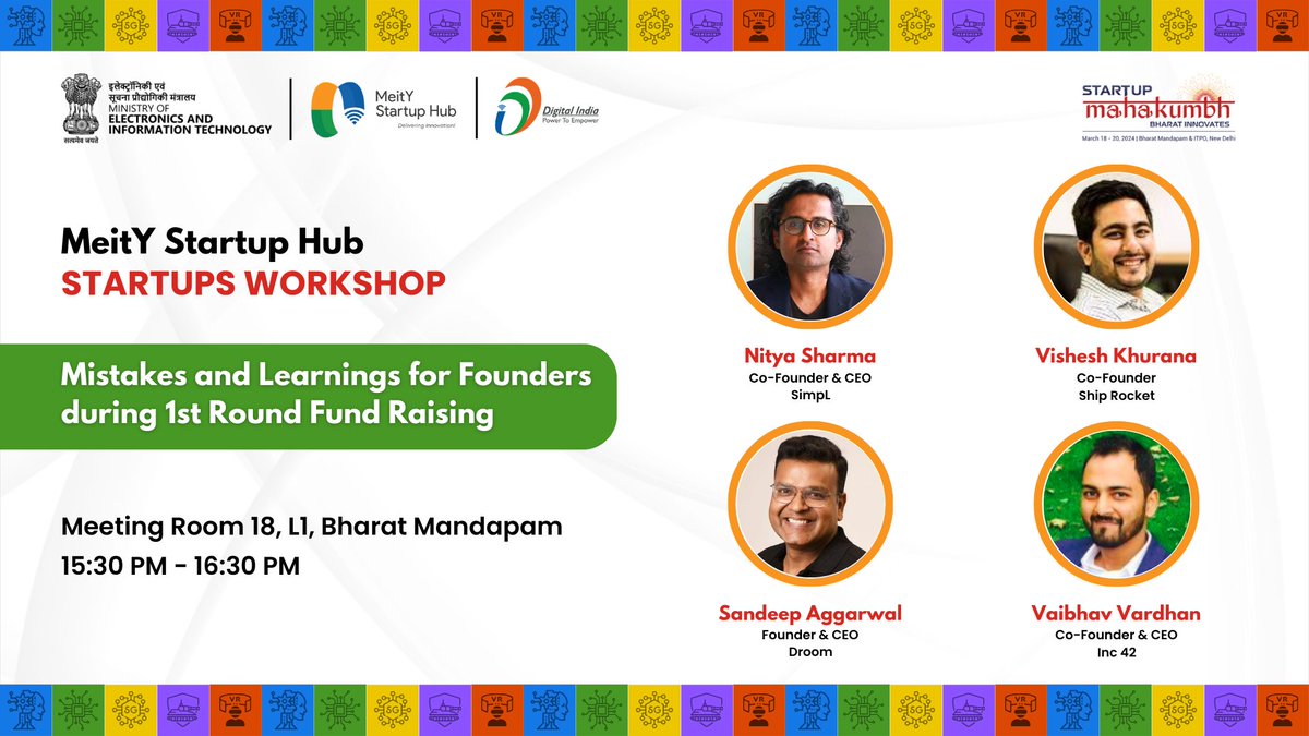 We are Live at 3:30 PM Today. Mistakes and Learnings for Early Stage Founder Session Venue - Meeting Room 18, Bharat Mandapam. Take advantage of this exclusive insight into shaping the future of innovation! #StartupMahakhumbh #DeepTechFunding