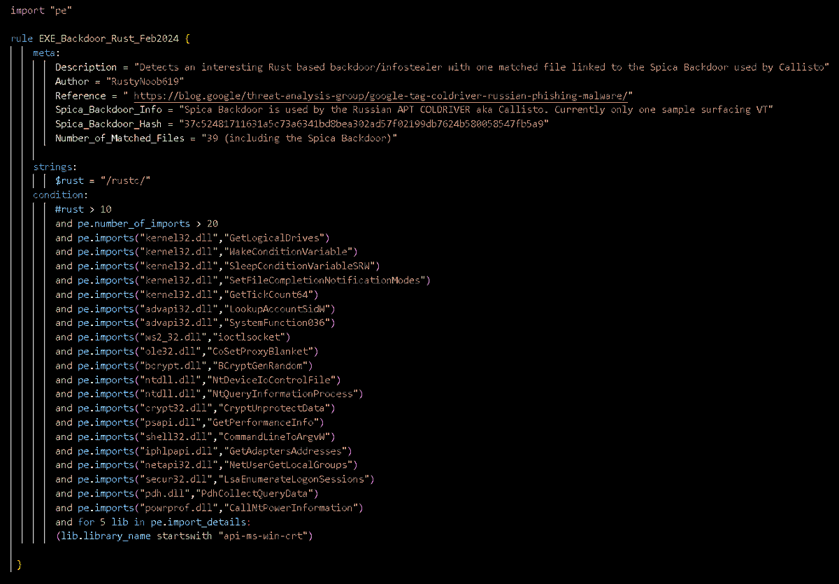 #100DaysofYARA Day79: An Interesting Rust Backdoor/Stealer YARA rule matches on 39 files with one being Spica Backdoor Used by Russian APT COLDRIVER aka Callisto Currently only one sample surfacing on VT🐧 @bridewellsec @josh_penny @Bloodshot_CTI github.com/RustyNoob-619/…