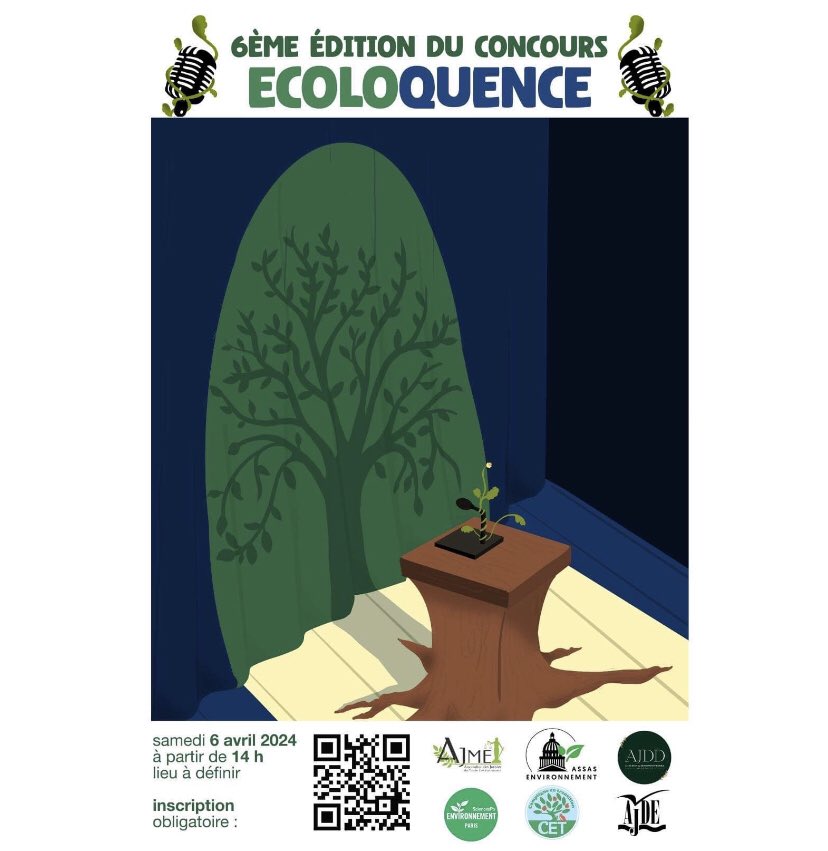 Chers tous,

L’AJME a le plaisir de vous convier à la 6e édition du concours d’Écoloquence qui se tiendra le samedi 6 avril à partir de 14h.

Pour assister à cet événement (gratuit), inscrivez vous via le QR code sur l’affiche ou en cliquant sur ce lien : lnkd.in/eFYv6K-s