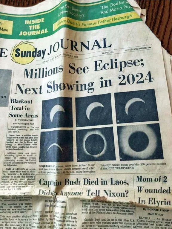Ohio newspaper from 1970 forecasting this year’s April 8 solar eclipse.

 [📸 u/Fleegle1834]