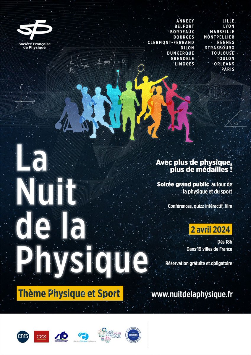 📍 Rdv le 2 avril prochain dans 19 villes de France pour une soirée tous publics et GRATUITE autour de la physique et du sport ! Au programme : conférences, reportages, quizz, long métrage... Avec @CNRSphysique @CEA_Officiel @sfoptique @reseauSCF buff.ly/3TGj9Jp