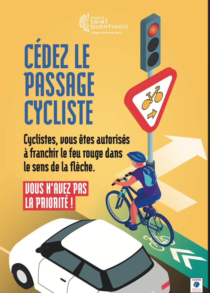 CÉDEZ LE PASSAGE CYCLISTE !🚴

👉Si vous êtes cycliste, vous pouvez franchir légalement le feu rouge dans le sens de la flèche. En effet vous pouvez retrouver des panneaux triangulaires avec des flèches qui vous autorisent à passer.