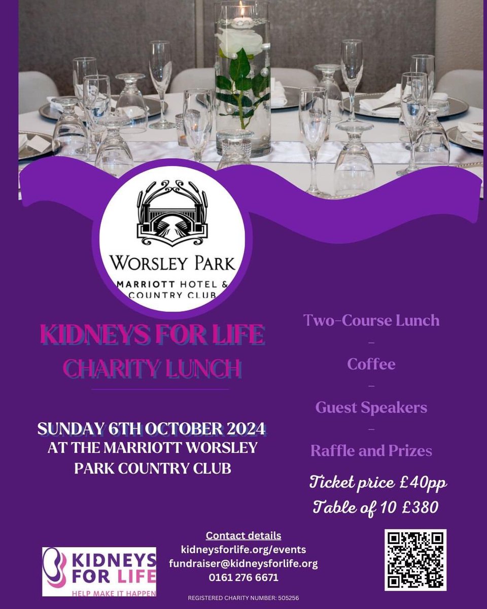 We are delighted to announce that we are hosting The KFL Sunday Lunch. The perfect opportunity to enjoy the company of advocates of the charity and support the vital work we are doing. Tables of 10 are £380 To book your place today please visit: kidneysforlife.org/event/kfl-sund…