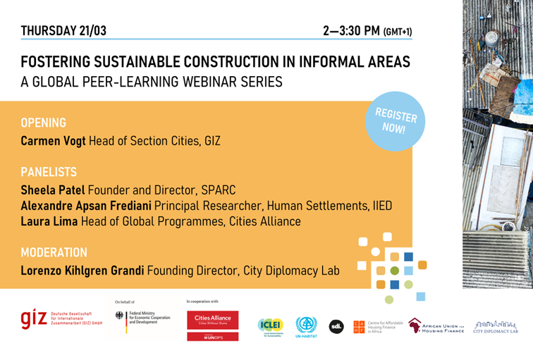 📢 March 21st is near! Don't miss our webinar series kickoff on #SustainableConstruction in informal #Urban areas. With Carmen Vogt opening and @KihlgrenGrandi moderating, gain insights from speakers Sheela Patel, @xapsan, & @lauramslima. Register 👉 events-mc.com/en/fostering-s… 🏙️🌍