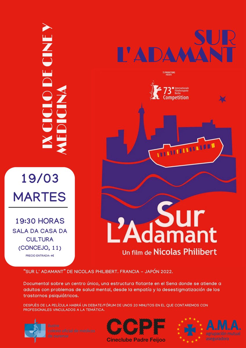 Hoxe o IX Ciclo Cine e Medicina do <a href="/ICOMOu/">ICOMOu</a> propón o documental:

NO ADAMANT d Nicolas Philibert (🇫🇷.2022.109'.VOSE)
2023: @berlinale  Oso de ouro ao mellor filme.

1 centro de día de saúde mental único, cun equipo q trata de resistir os recortes e a deshumanización da psiquiatría