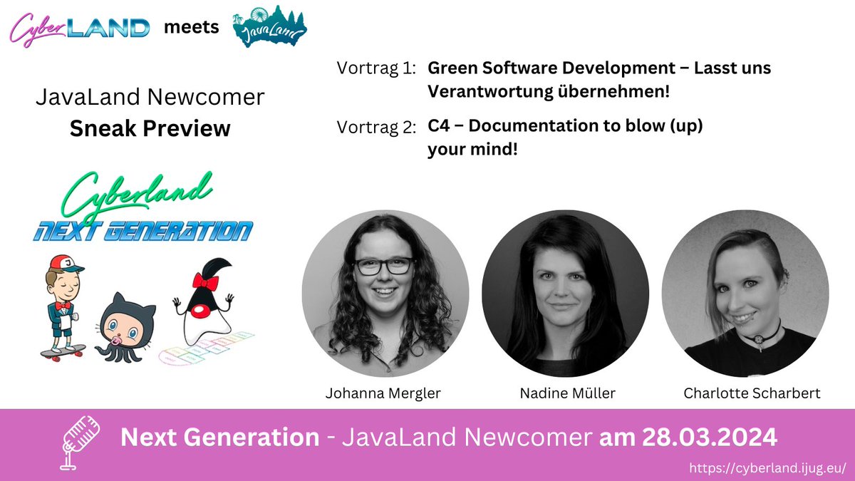 CyberLandConf (@cyberlandconf) on Twitter photo Nächste Woche gibt es bei uns zwei <a href="/JavaLandConf/">JavaLandConf</a> Vorträge als Sneak Preview. Bitte gebt unseren Newcomerinnen Feedback. Johanna Mergler und Nadine Müller sprechen über "Green Software Development" und Charlotte Scharbert stellt uns das C4-Model vor.
cyberland.ijug.eu/2024-03-next-g… Nächste Woche gibt es bei uns zwei <a href="/JavaLandConf/">JavaLandConf</a> Vorträge als Sneak Preview. Bitte gebt unseren Newcomerinnen Feedback. Johanna Mergler und Nadine Müller sprechen über "Green Software Development" und Charlotte Scharbert stellt uns das C4-Model vor.
cyberland.ijug.eu/2024-03-next-g…