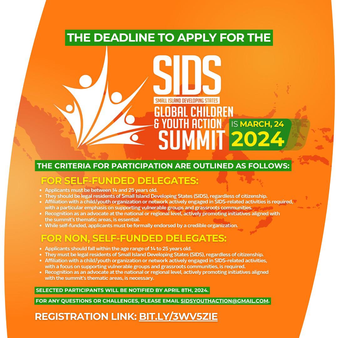 📢 Calling all young leaders from Small Island Developing States (SIDS)! 🌴 Join us at the SIDS Children & Youth Action Summit to share your voice and ideas. Apply by March 24th for a chance to make a difference and address the challenges facing SIDS. bit.ly/493xkg5