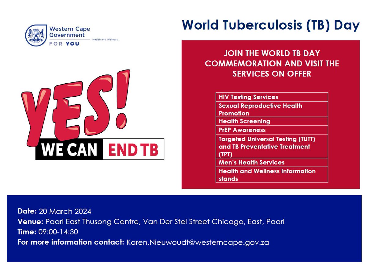 Are you in Paarl? Join us tomorrow at the Western Cape Government’s #WorldTBDay event at the Paarl East Thusong Centre. Meet our fantastic TB HIV Care team – and take advantage of the services on offer. Yes! We Can End TB! @WesternCapeGov