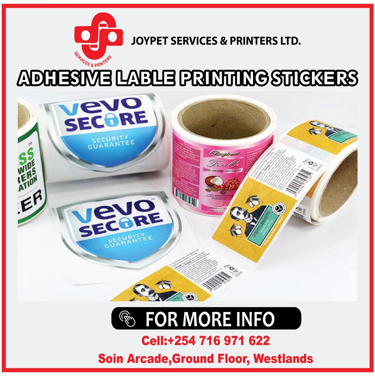 JoypetServices's tweet image. Make your mark with precision, Our adhesive label printing stickers ensure every detail pops, leaving a lasting impression on your customers

📞0716971622
📍Soin Arcade,  Westlands Rd

#adhesivetape #adhesivelabels #adhesivelablesprinting #adhesivestickers
#joypetservicesprinters