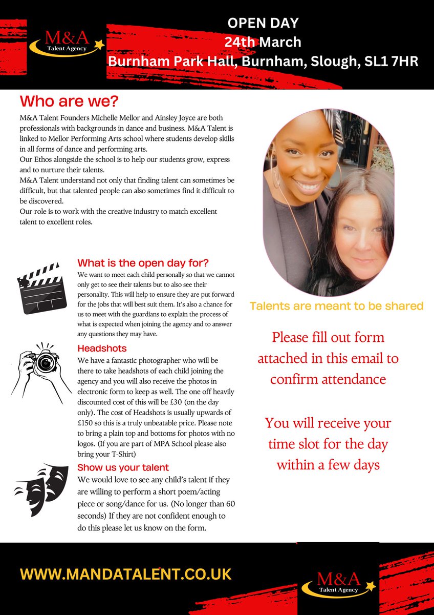 Open day for children ages 0-17 as we are looking for more new faces to join our books.

I have attached all the info for the open day below and  the form to confirm attendance docs.google.com/forms/d/e/1FAI…
#talentagency #childactor
#talento #openday #agency