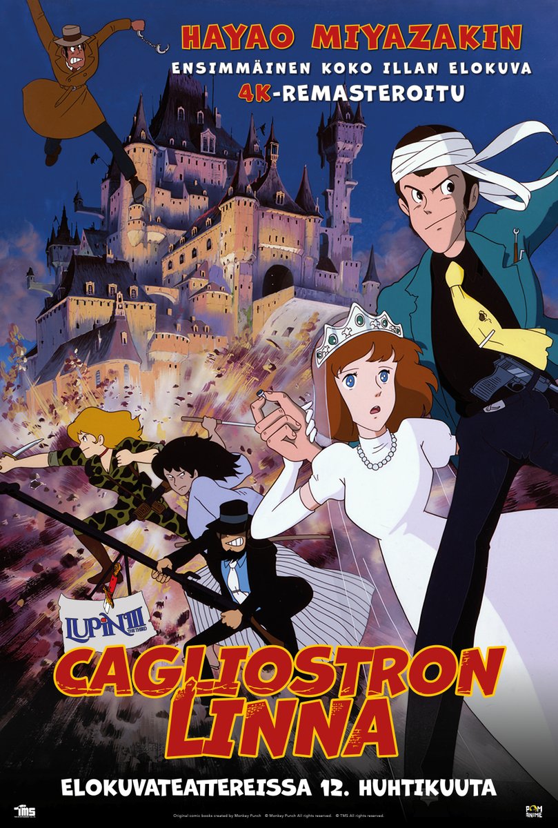Oscar-voittaja Hayao Miyazakin vuonna 1979 ohjaama LUPIN III - CAGLIOSTRON LINNA täyttää tänä vuonna 45 vuotta. Juhlan kunniaksi elokuva saadaan Suomen valkokankaille 4K-remasteroituna 12.4. lähtien.