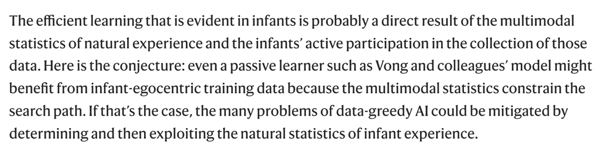 A short and very pedagogical perspective from the great Linda Smith on how infant's processes of active embodied learning can enable them to collect high-quality multimodal data and achieve super sample efficient learning nature.com/articles/d4158…