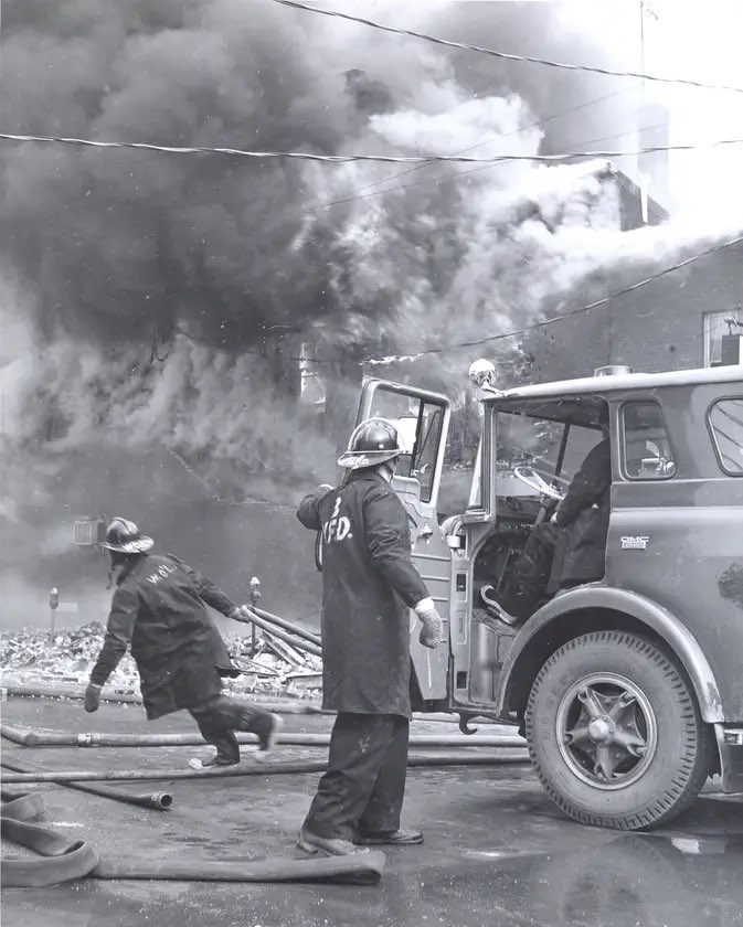 CityFredFire's tweet photo. 50 years ago today! 

The Queen Street fire of 1974 was very large incident, lasting for two days and consuming most of the 300 and 400 blocks of Queen Street. Power was knocked out to much of the downtown and between 60 and 80 people displaced. https://t.co/5fPKVLFjDq