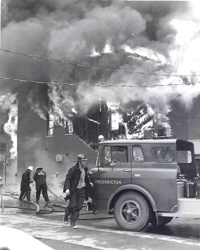 CityFredFire's tweet photo. 50 years ago today! 

The Queen Street fire of 1974 was very large incident, lasting for two days and consuming most of the 300 and 400 blocks of Queen Street. Power was knocked out to much of the downtown and between 60 and 80 people displaced. https://t.co/5fPKVLFjDq
