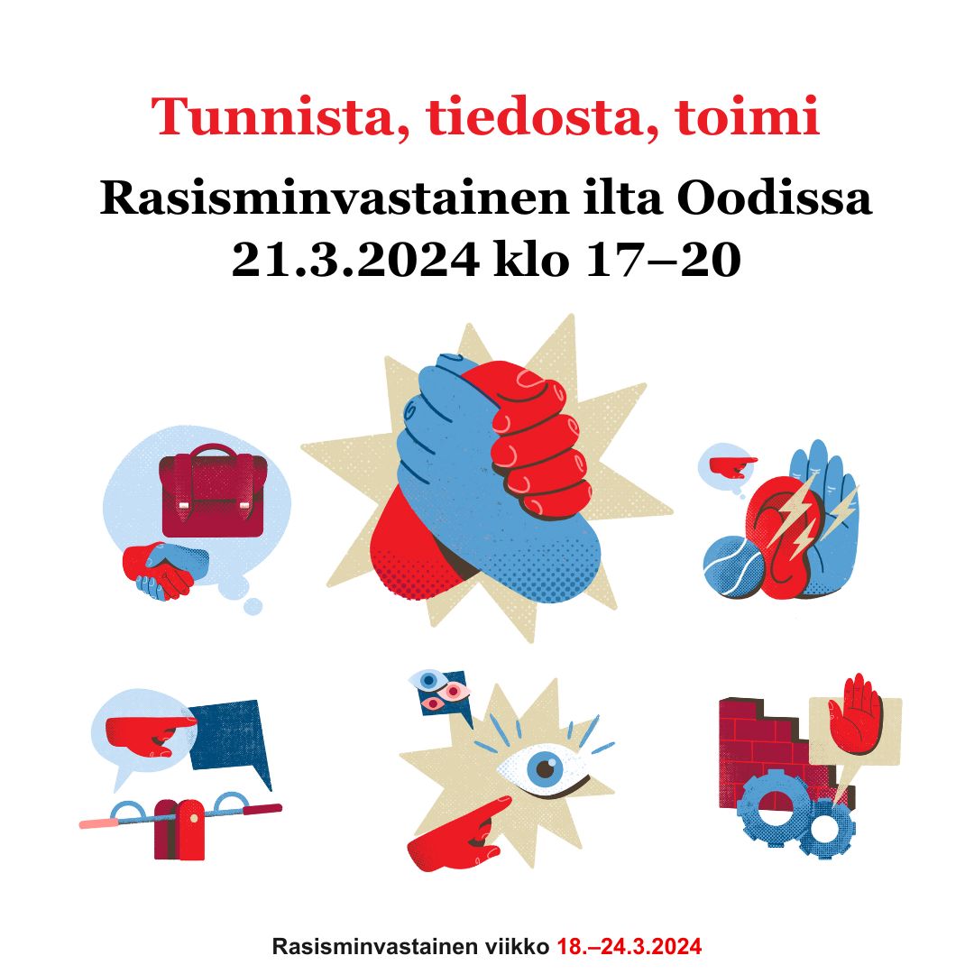 Miten voit konkreettisesti puuttua rasismiin? Marssimme jälkeen ehdit vielä Oodiin, jossa on Tunnista, tiedosta, toimi -ilta klo 20 asti: Antirasismia arkeen -koulutusta 2. krs, lyhytelokuvafestari 2. krs ja rasisminvastaiset minimessut 1. krs #FightRacism rednet.punainenristi.fi/TunnistaTiedos…