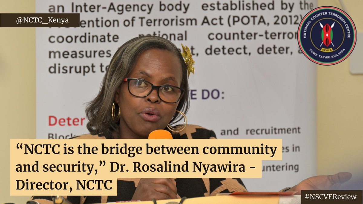 '@NCTC_Kenya is the bridge between the community and security, ' Dr. Rosalind Nyawira, Director, NCTC. #NSCVEReview #SecureKe #StayVigilant #TuweTayariKuilinda @tendasasa @theGCERF @CSMechanism @CHRIPSKE @Midrifthurinet @Huria_KE @JamiiAction