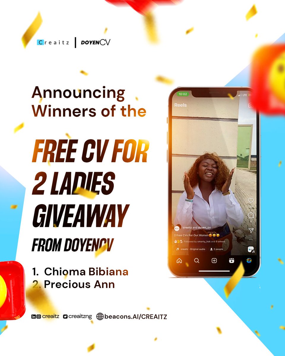 Thank you for participating in the @Creaitzng x @DoyenCV giveaway for IWD '24

Winners have been selected👇 

P.S- Our community members enjoy free CV reviews,  discounted prices for @doyen_cv to write your CVs and free career consultation at @doyen_cv.

Link in bio to join😃