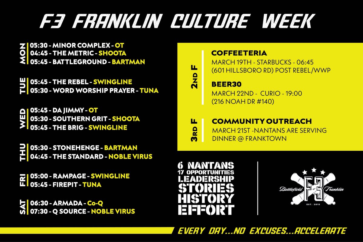 Culture week is off and running.  17 opportunities to improve, all led by the current and former Nantans who have helped our group succeed. Come join us!