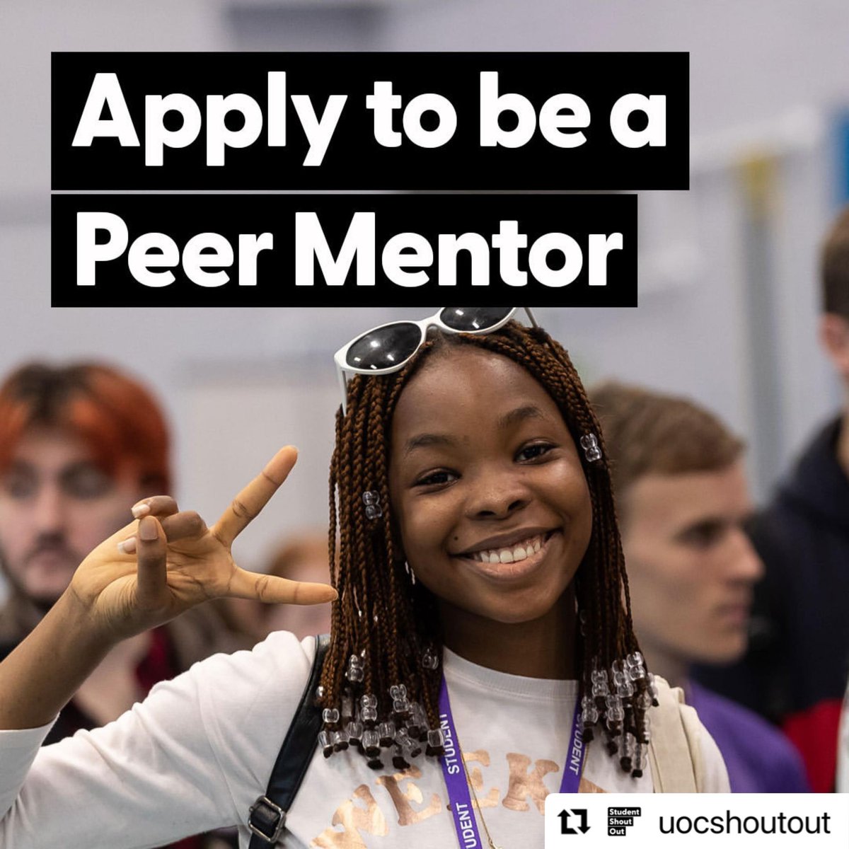 Repost: <a href="/uocshoutout/">UoC Student Shout Out</a>

Fancy helping new students settle in at <a href="/uochester/">University of Chester</a>?

<a href="/UoCVolunteering/">UoC Volunteering</a> is looking for UG students of all ages, backgrounds, interests and courses to become a Peer Mentor. If you’re interested in becoming a Peer Mentor 👉 bit.ly/49RaR7f