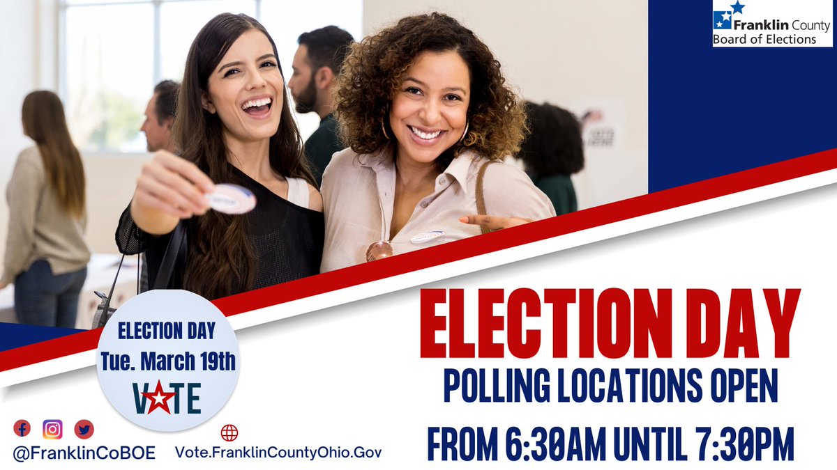 🗳️Happy Election Day Franklin County!!🗳️

The polls are now OPEN and ready to serve voters. Grab your valid photo ID an d stop by your assigned polling location anytime between 6:30AM and 7:30PM. 

Questions? Call 614-5253100 or visit Vote.FranklinCountyOhio.Gov 

#VOTE #ElectionDay