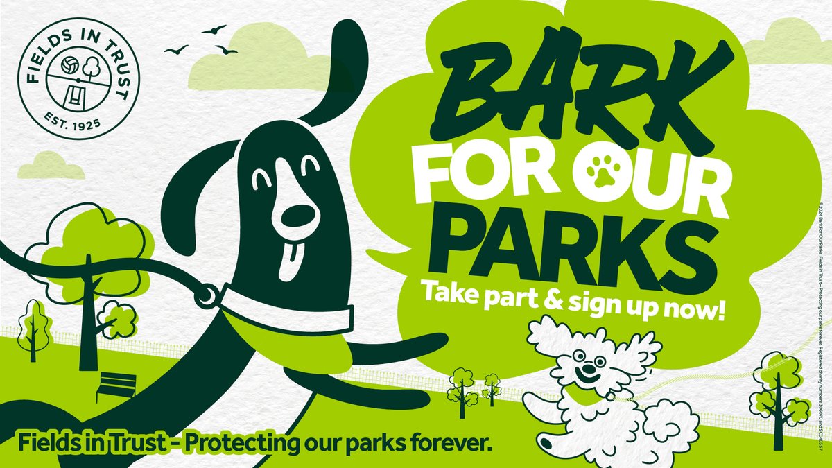FieldsInTrust's tweet photo. Calling all dogs &amp; their owners! Take on the challenge of walking 50km or 100km this May in our NEW fundraising challenge 'Bark For Our Parks'. 🐾

Raise money to help Fields in Trust make sure our parks are legally protected, forever. 🌲💚

Sign up at at https://t.co/mD90eKUsJ1 https://t.co/IYBIferOte