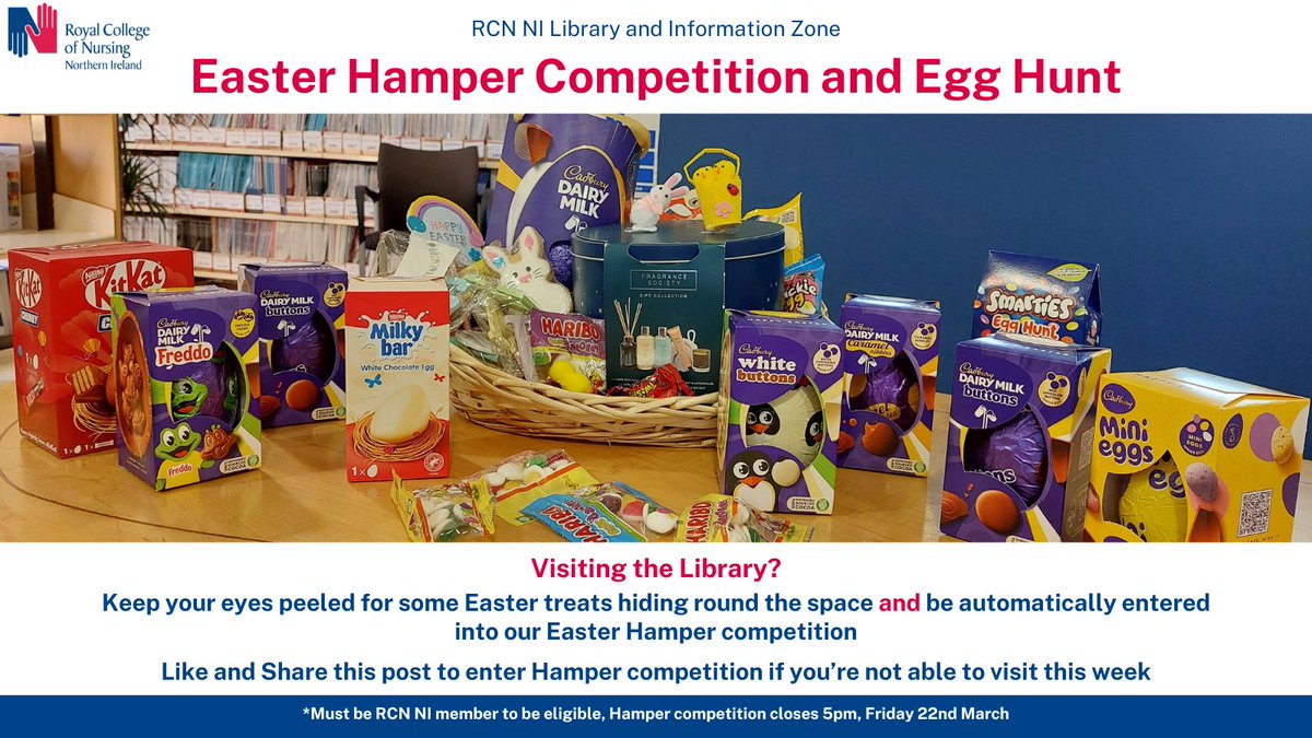 Visiting the Library this week? Keep your eyes peeled for some Easter treats hiding in the space & be automatically entered into our Easter Hamper competition Not able to visit @RCN_NI? Like & share this post to enter the hamper competition *Ts & Cs apply, entries close 5pm Fri