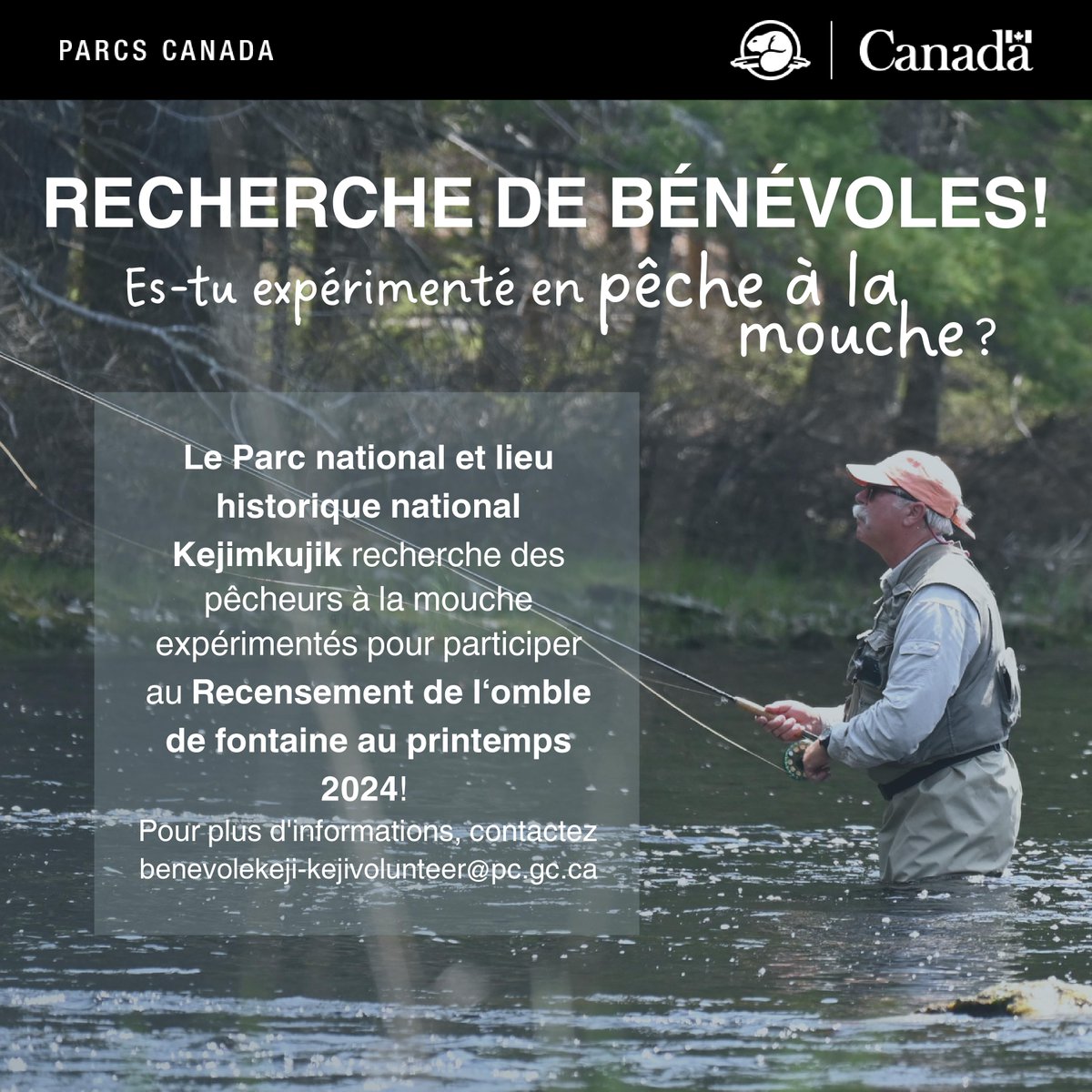 Es-tu expérimenté en pêche à la mouche? 🎣 
Joignez-vous à notre équipe de bénévoles de pêche à la mouche et recueillez des renseignements importants sur les changements dans les populations de truites mouchetées : ow.ly/tEvw50QSg13 
 #bénévolat #ParcsCanadaConservation