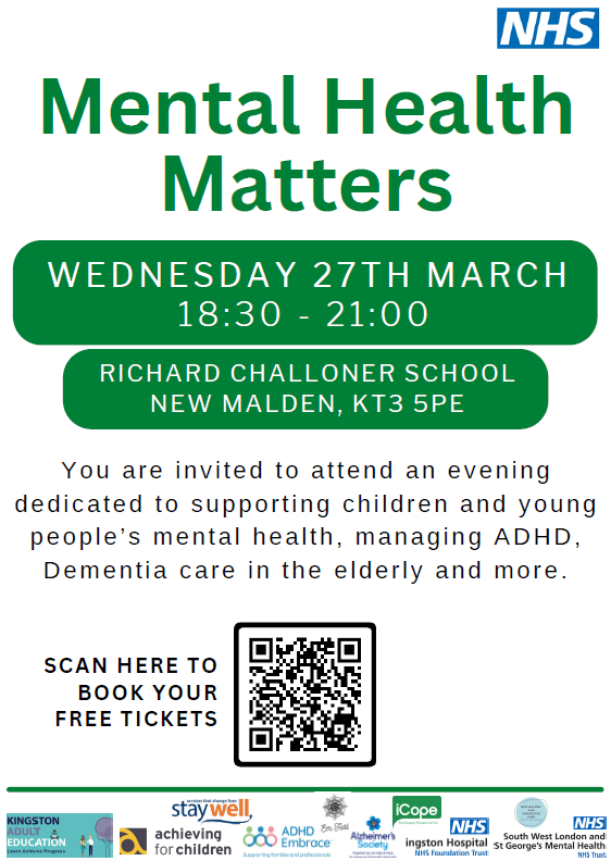 📣Calling @lbrut and @RBKingston residents Come along to a free, in-person Mental Heath Matters event! 📅 27 March, 6:30-9pm 📍 Richard Challoner School, New Malden 🗣️ Hear from CAMHS, @AforC_info & local dementia team Book a free ticket: ow.ly/VlIP50QVt49