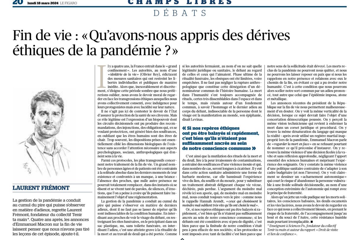 Morts solitaires, consciences bafouées, deuils escamotés, vies lacérées... Qu'avons-nous appris des dérives éthiques de la #pandémie ? Apparemment rien ou si peu, quand on lit les annonces d'@EmmanuelMacron sur la #findevie. 'La gestion de la pandémie a conduit au cumul du pire…