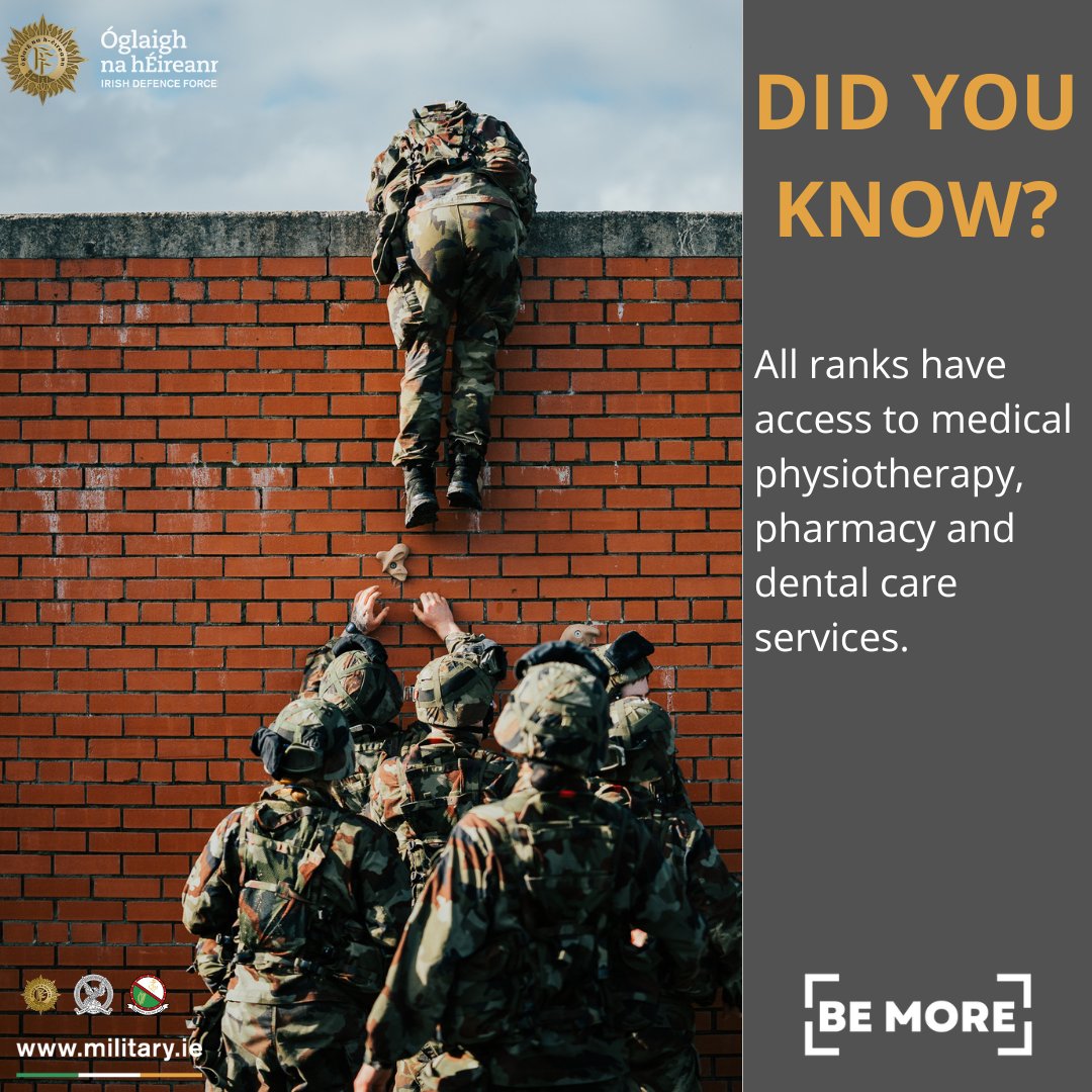 DID YOU KNOW? All Permanent Defence Forces serving personnel have access to GP care, physiotherapy sessions, pharmacy, and dental care services. military.ie #irishdefenceforces #irisharmy #irishaircorps #irishnavalservice #jobsireland #careers #military