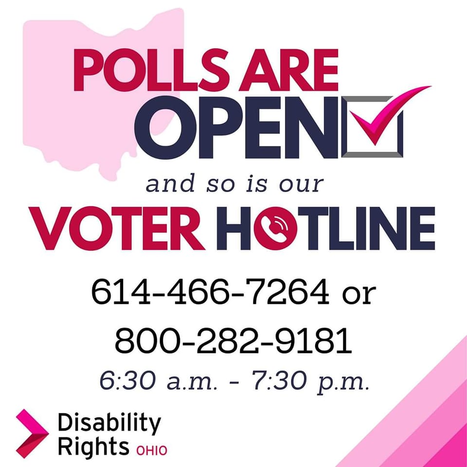 Polls are OPEN, and so is our Voter Hotline! If you have questions or concerns about voting today, please call us at 614-466-7264 or 1-800-282-9181. You can find all our #YourRightYourVote resources at disabilityrightsohio.org/vote #Vote #Ohio #DisabilityRights