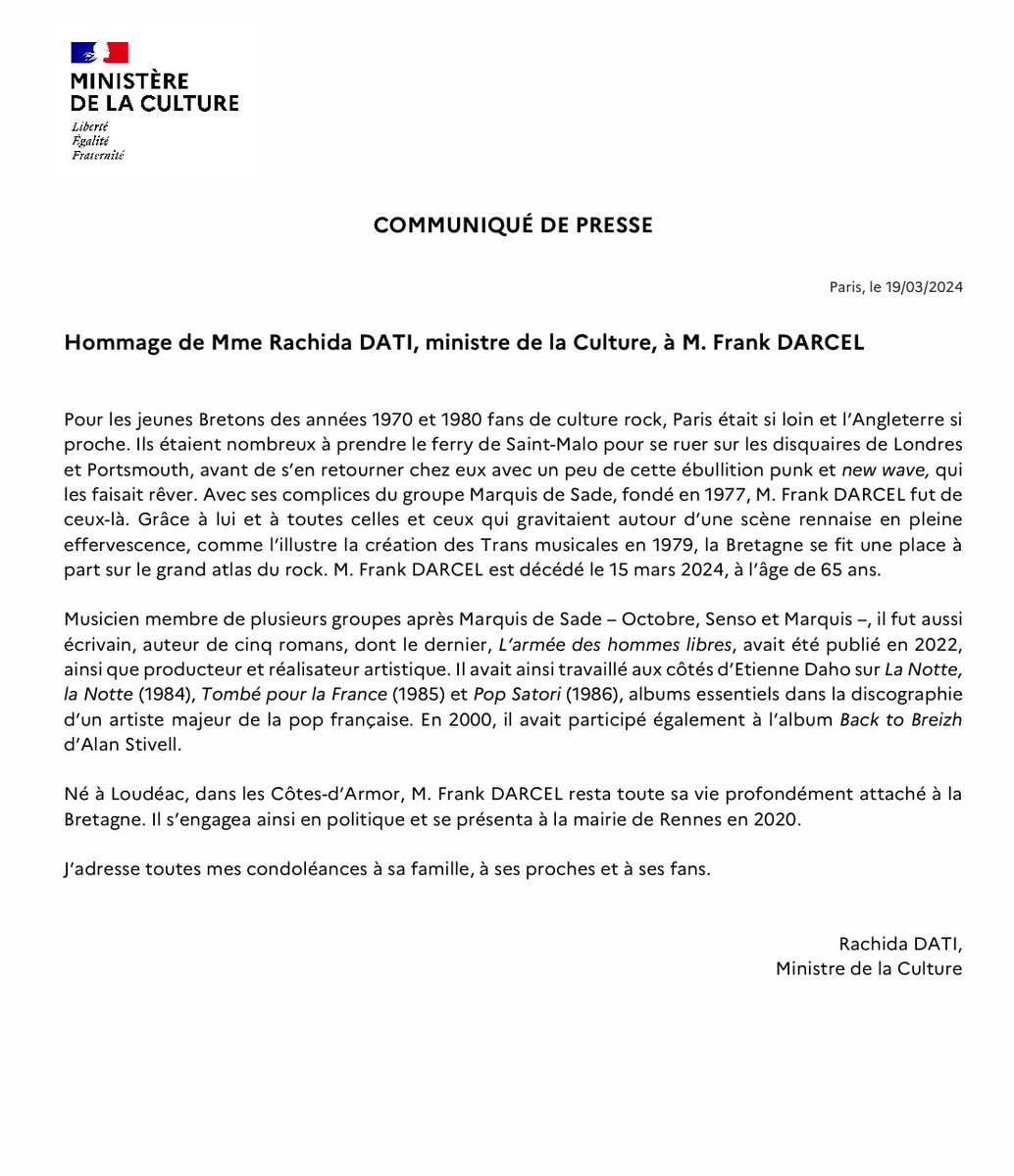 JFGuyot's tweet photo. #Décès de Frank #DARCEL (#MarquisDeSade): l’hommage de ⁦@datirachida⁩ ⁦@MinistereCC⁩ https://t.co/14W5UdaNrH