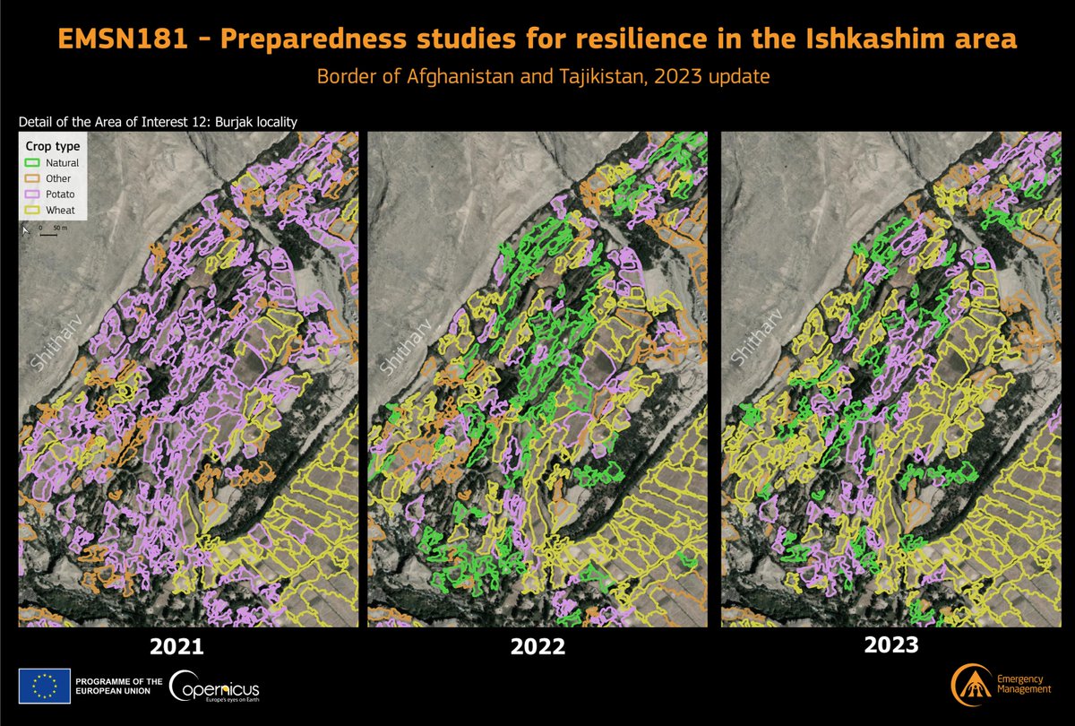#EMSN181

In September 2023, the Mapping component of our #CopernicusEmergency Management Service was activated to conduct preparedness studies for resilience in the Ishkashim area 🇦🇫🇹🇯

👇Crop detection for the years 2021, 2022, and 2023

Read more ➡️arcgis.jrc.ec.europa.eu/portal/apps/st…