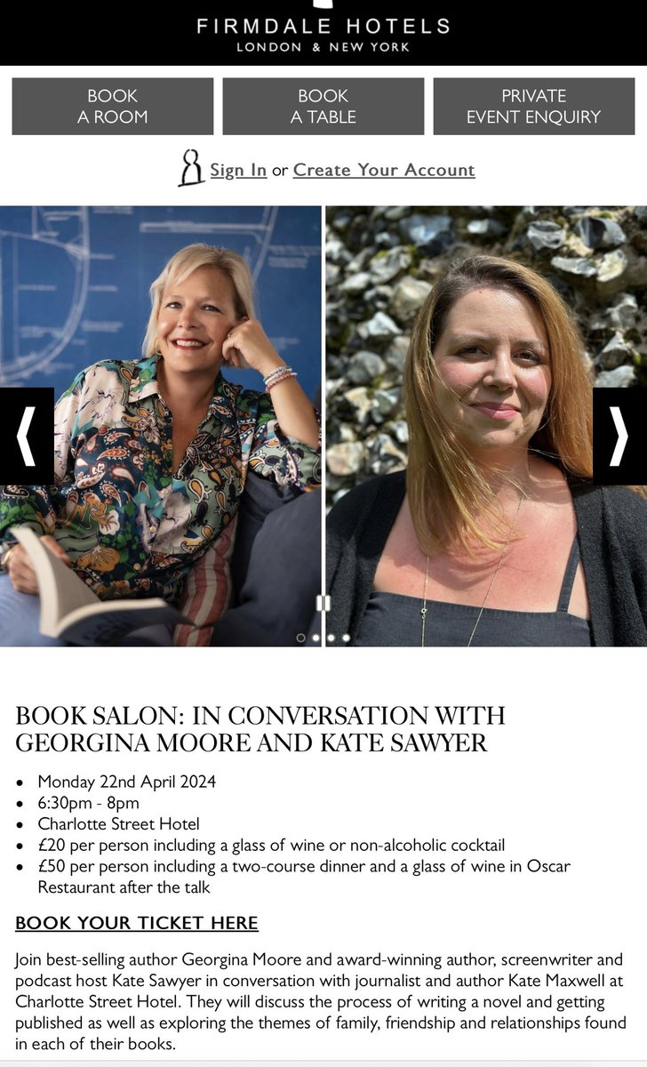 Excited to see my pal @KateSawyer at @Firmdale_Hotels Book Salon Charlotte Street Hotel on Monday 22nd April 6.30pm. Kate & I will be chaired by the @katemax & we will be talking about dysfunctional families, mothers & daughters & sisters in fiction: firmdalehotels.com/a/what-s-on/22…