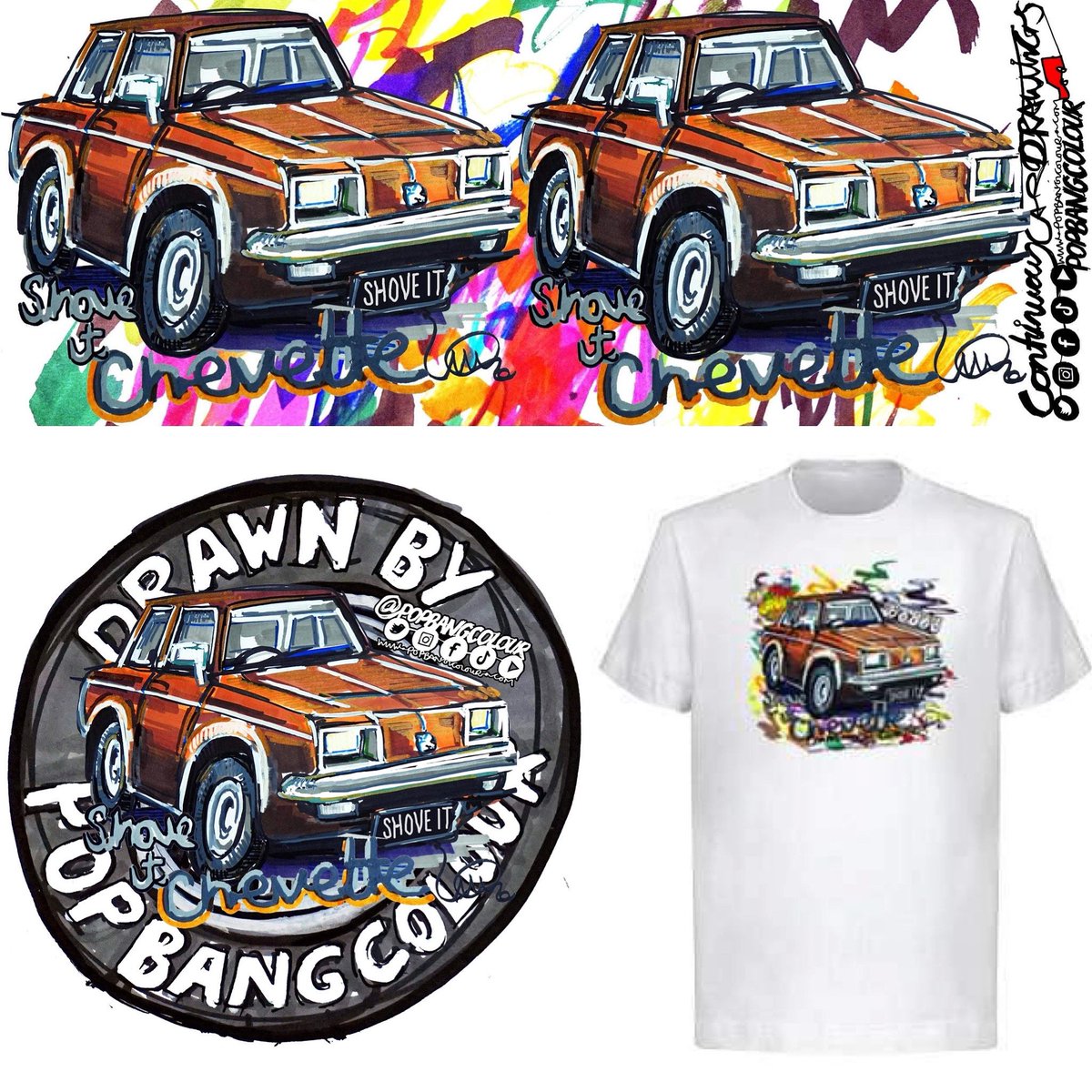 Popbangcolour's tweet photo. Oh hello… #Shoveit Chevette merch will be available to buy from @NECRestoShow this weekend, who’d like to get their mitts on #ContinuousCar stickers, mugs & tees? 🤎
…& Who’s going to be at the show this weekend? 🤔
#NECrestoshow #Restorationshow #RestoShow https://t.co/bSmNLtFoOz