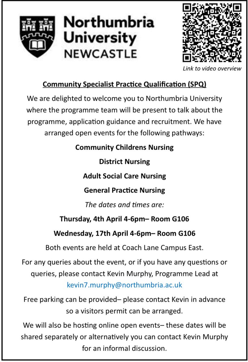 Northumbria University Community SPQ Open Events: - District Nursing - General Practice Nursing - Community Children’s Nursing - Adult Social Care Nursing. Please contact me for any further information or an informal discussion. Video link here- northumbria.cloud.panopto.eu/Panopto/Pages/…