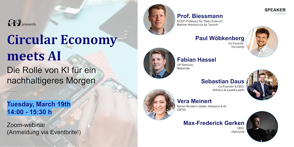 Today at 2 p.m., @felixbiessmann, ECDF-Prof. for Data Science, will be part of the webinar '#CircularEconomy meets #AI'. Join here: lnkd.in/dvVWbejY & additionally listen to Fabian Hassel, Paul Wöbkenberg, Sebastian Daus, Vera Meinert & Max-Frederick Gerken. #digitalfuture