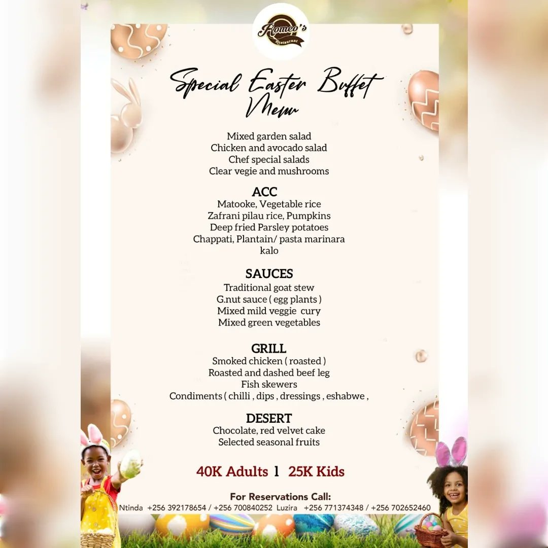 🐰✨ This Easter, Romeo's Restaurant &amp; Hotel invites you to a special celebration like no other. Create lasting memories with your family amidst our exceptional ambiance and tantalizing cuisine. 
☎️#RomeosNtinda 0392178654/0700840252 
 ☎️#RomeosLuzira  0771374348/0702652460 
🌷🍽️