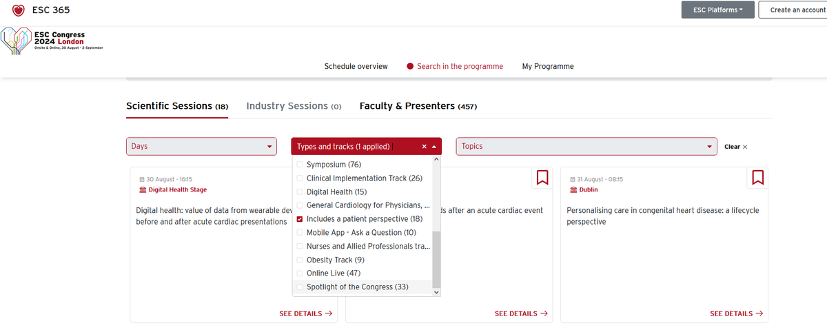 New‼️ Easily find all sessions with #ESCPatientForum contributions by ticking the box 'includes a patient perspective' under 'types & tracks' in the programme search! Plenty of opportunities to listen to us - see you in London😃#ESCCongress @escardio @lisneubeck @Steph_Achenbach