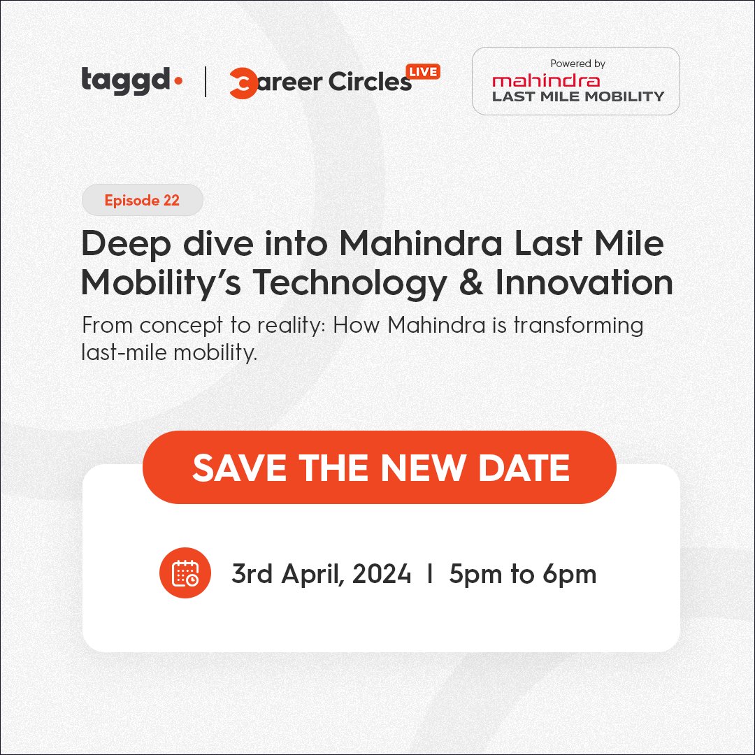 We have a new date for our highly anticipated Career Circles LIVE Ep 22: 'Deep Dive into Mahindra Last Mile Mobility's Technology & Innovation' . Join us as we chat with special guests Anisha Saluja, Vijay Chand Ganti, and Philip Jose. Register Now: bit.ly/3IgcTl6