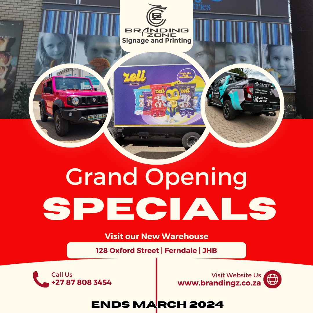brandingzonesa's tweet photo. Rev Up Your Branding Game: Grand Opening Specials Now at Branding Zone's new Warehouse! Don't miss your chance to drive your business forward – visit us today! https://t.co/kp68KAl9Ut -0878083454 - sales@brandingz.co.za #GrandOpening2024 #BrandingDeals #BrandSuccess #BrandingZone https://t.co/5gjpPO3Sxu