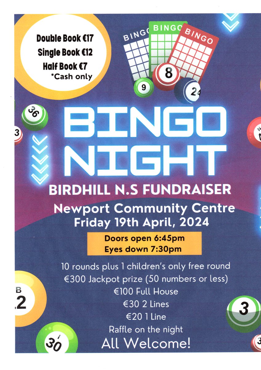 Save the Date! And spread the word for our Big Bingo Night Fundraiser.... @NenaghGuardian @StMarys_Newport @NewportCollege @TulachSheasta1 @Newportbally @Ballinahinchns